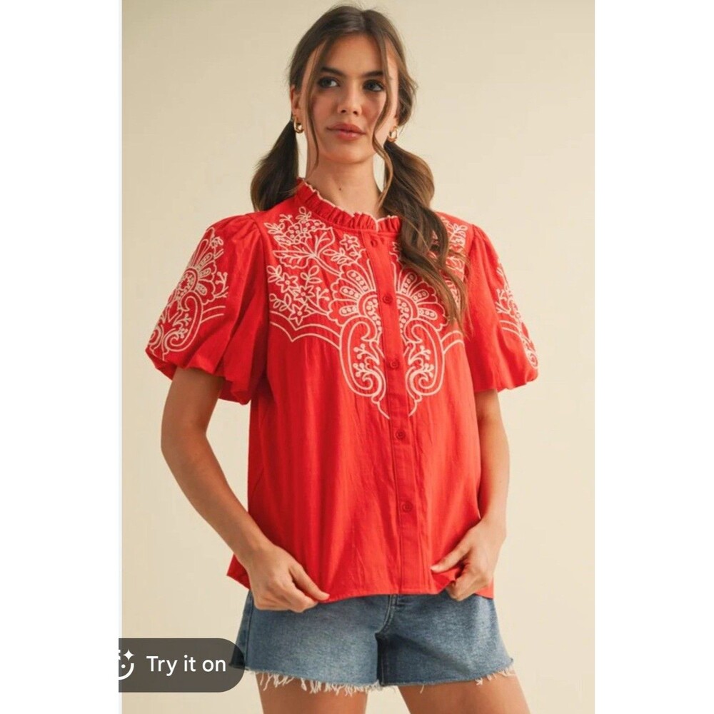 Merci Red Embroidered Bubble Sleeve Top Blouse Small Retro Party Career Summer
